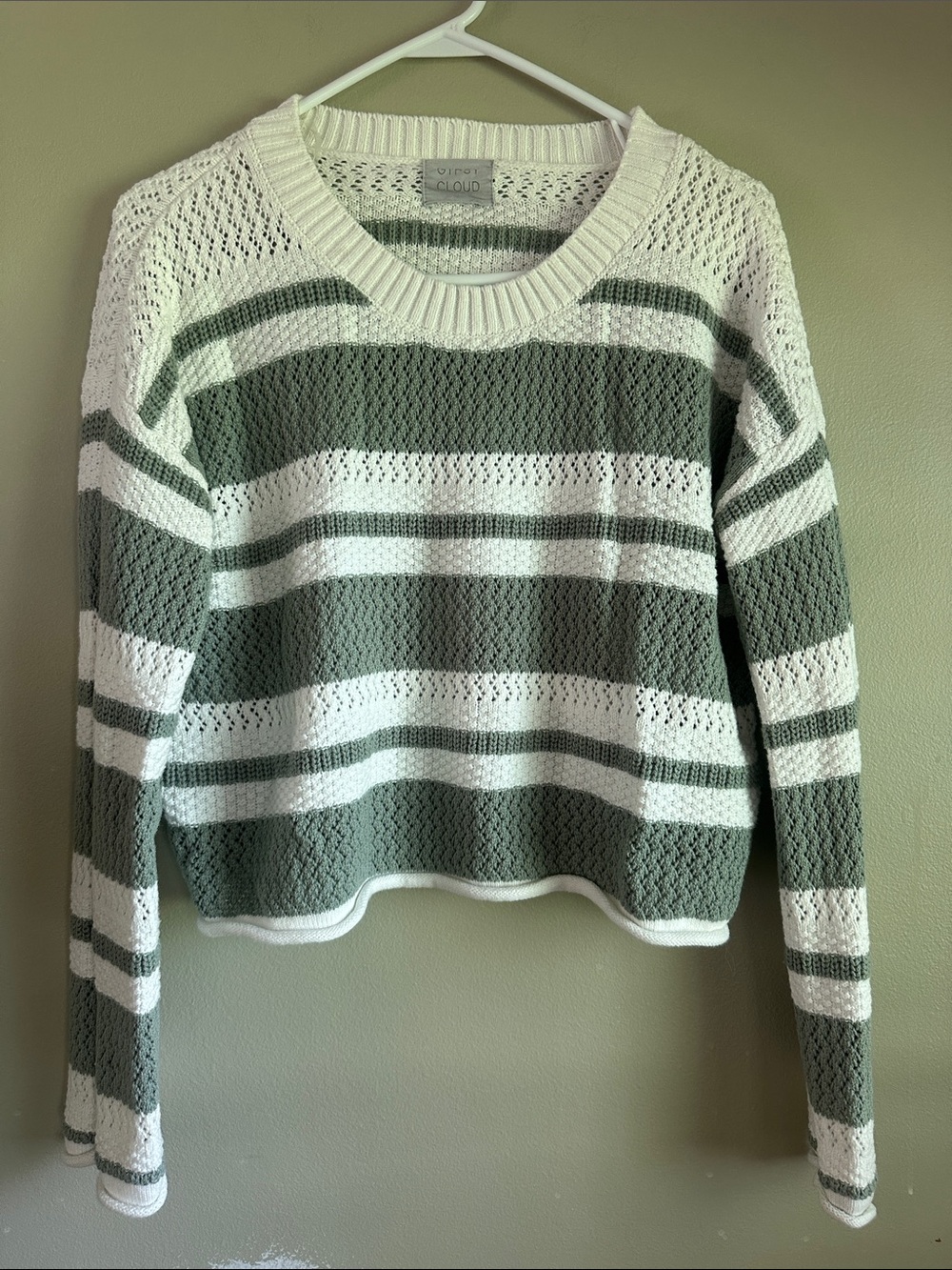Open-Work Striped Crew Sweater in Olive and White